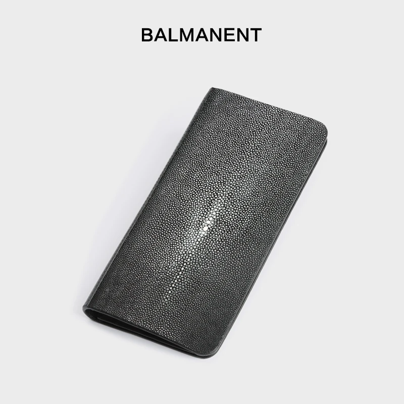 巴玛特 长款钱包男珍珠鱼皮钱夹魔鬼鱼皮竖款拉链时尚超薄真皮夹