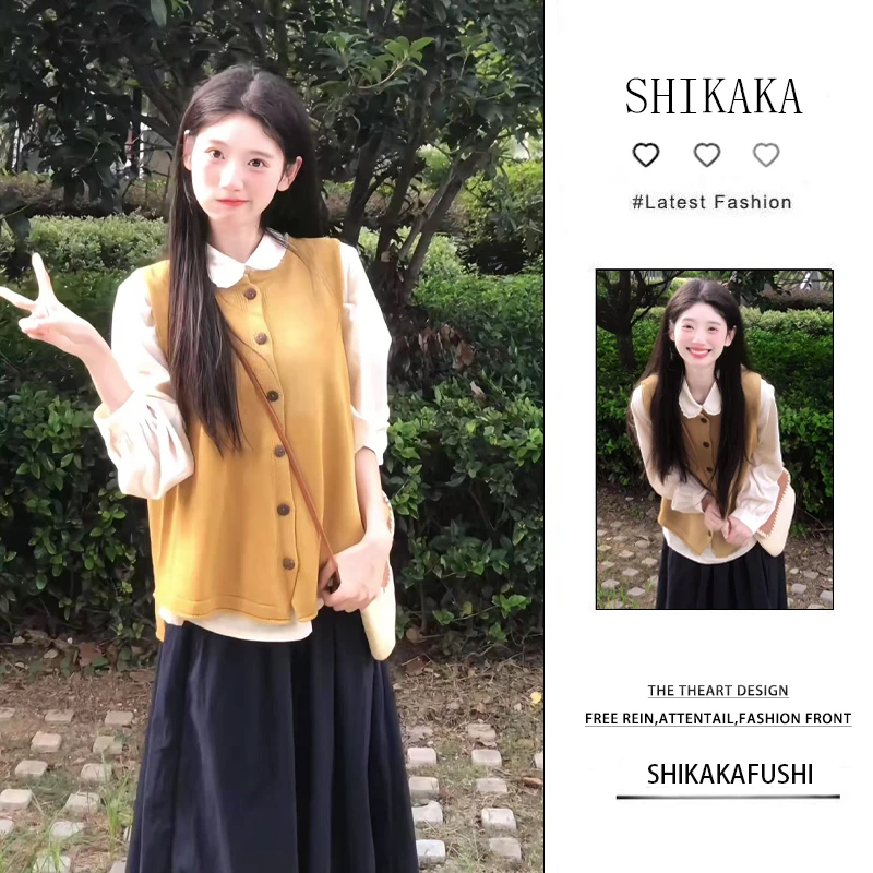 秋季温柔系穿搭女2025新款韩版减龄马甲背心长袖衬衫半身裙三件套