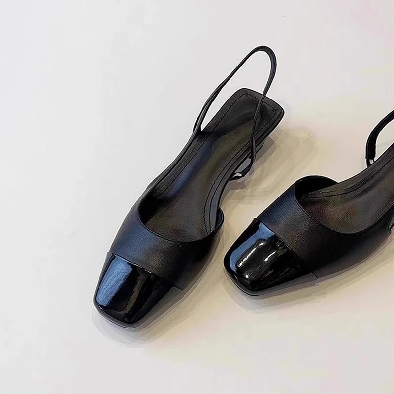 【万达撤柜】法式黑色低跟通勤凉鞋女2025新款夏季外穿方头后空拼接