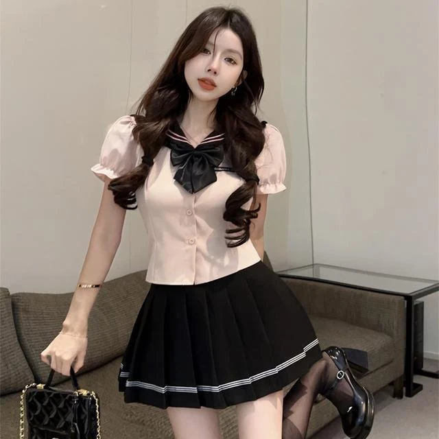 学院风jk制服套装女夏季纯欲泡泡袖领结衬衣性感辣妹百褶裙两件套