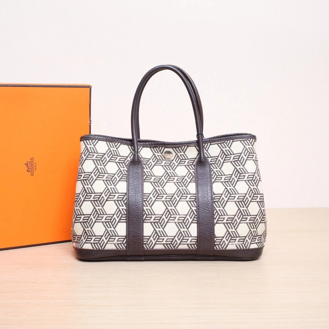 95新 Hermes/爱马仕 花花 46乌木色 帆布 框K 银扣 花园 30