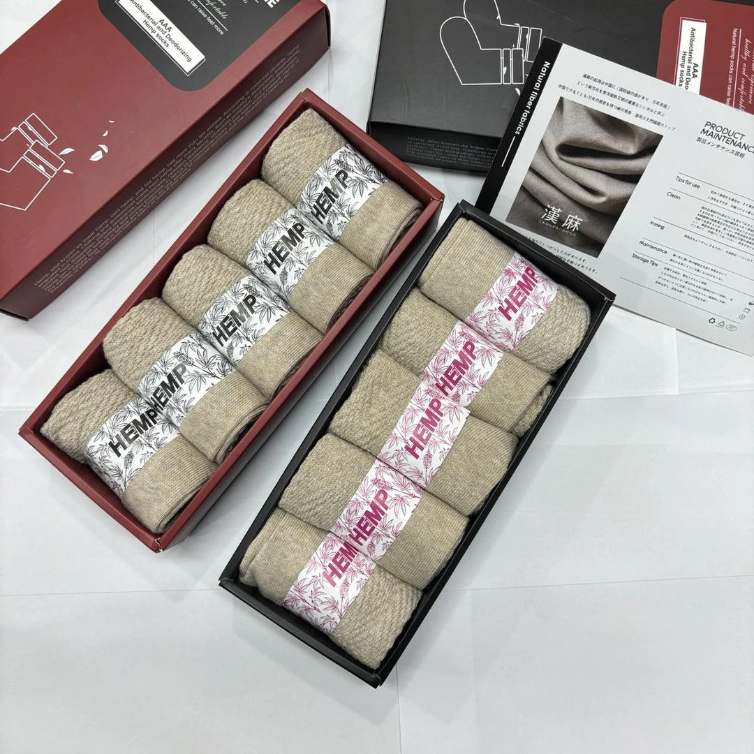 男女款汉麻吸湿排汗透气中筒袜子五双装（LJ088）