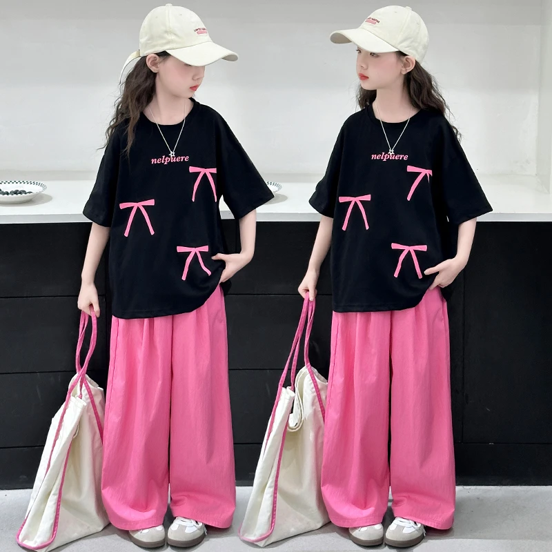 女童夏装套装2025新款中大童宽松蝴蝶结夏季短袖T恤休闲裤两件套