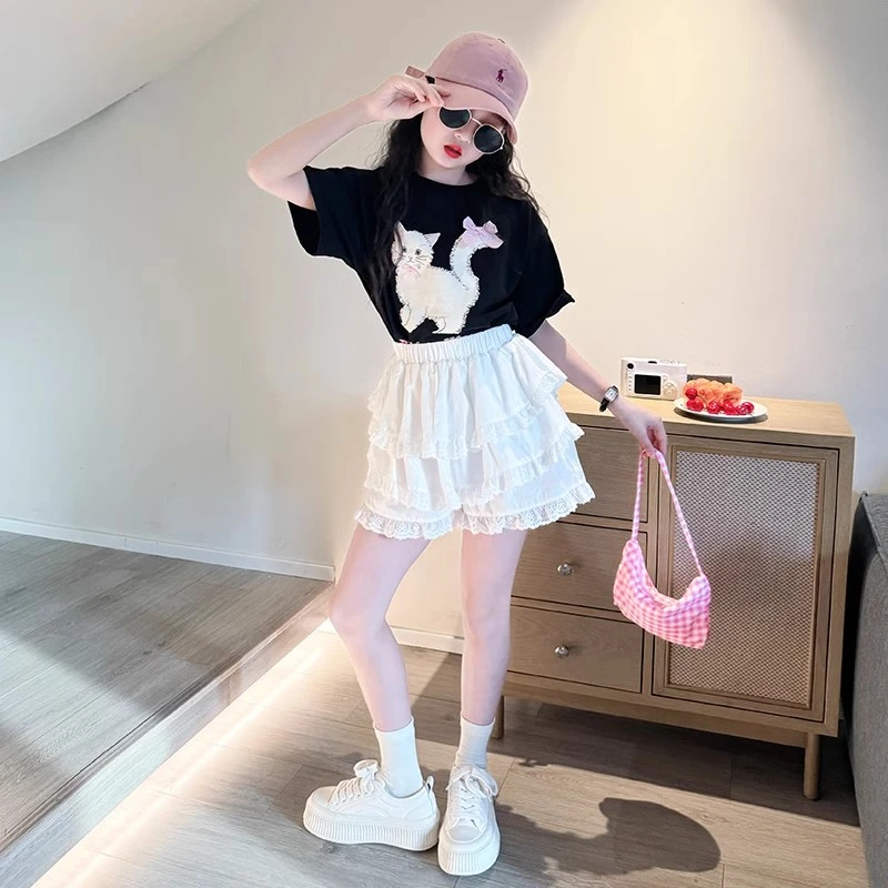 女童夏装套装2025新款儿童洋气短袖t恤大童女孩网红蛋糕裙两件套