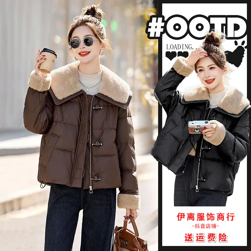 2025冬季新款羊羔毛娃娃领撞色时尚拼接盘扣短款棉服服外套女