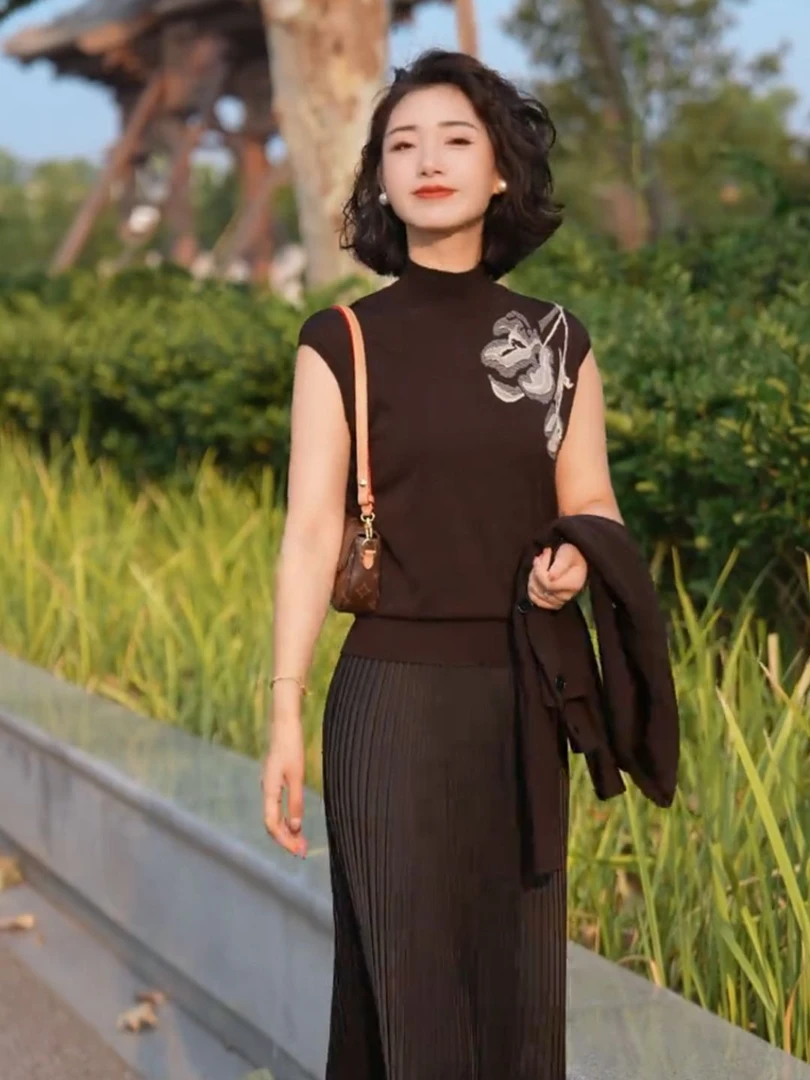 原创设计百搭休闲无袖背心通勤长袖针织外套两件套X181+X182