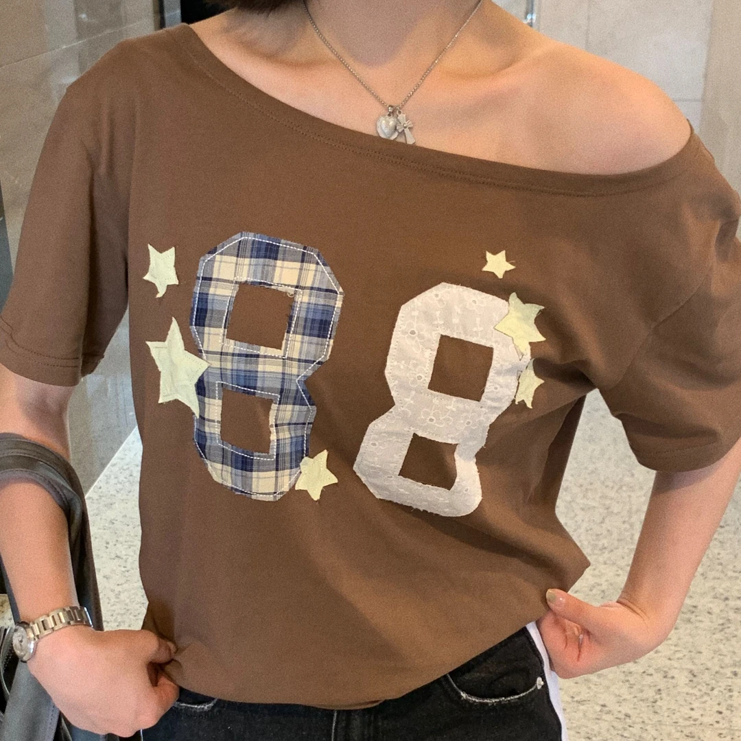 福利款NO退换【复古星星88斜肩T】韩系百搭休闲短袖T恤