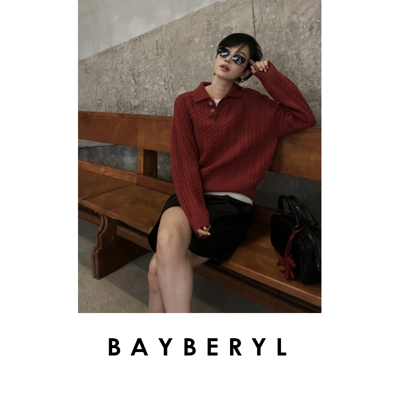 CC12-BAYBERYL老贝木槿*Polo领羊毛绞花25秋百搭针织衫ZZS5E1502