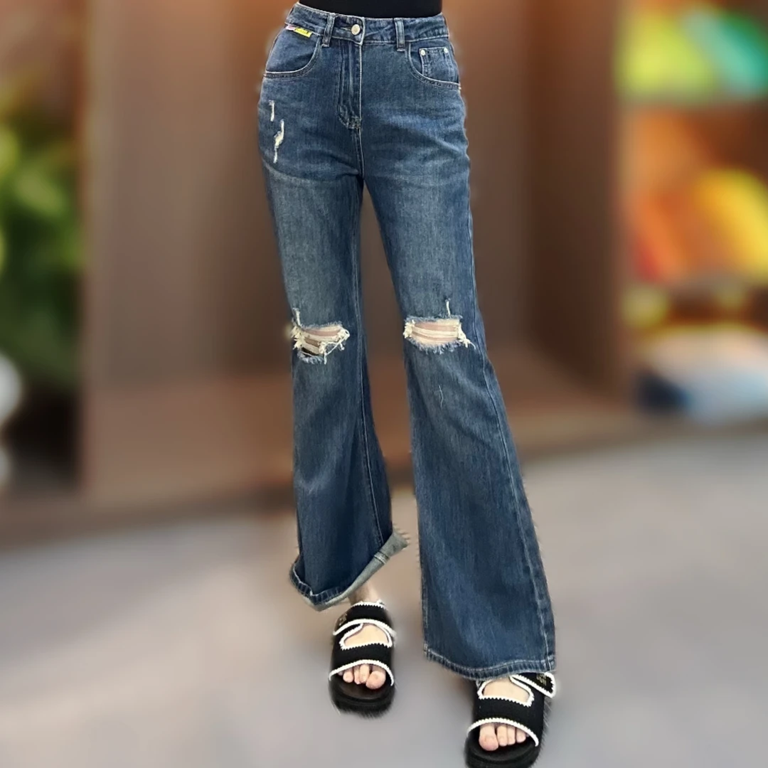 夏季新款时尚高腰破洞牛仔喇叭裤女士修身显瘦百搭毛边休闲长裤薄