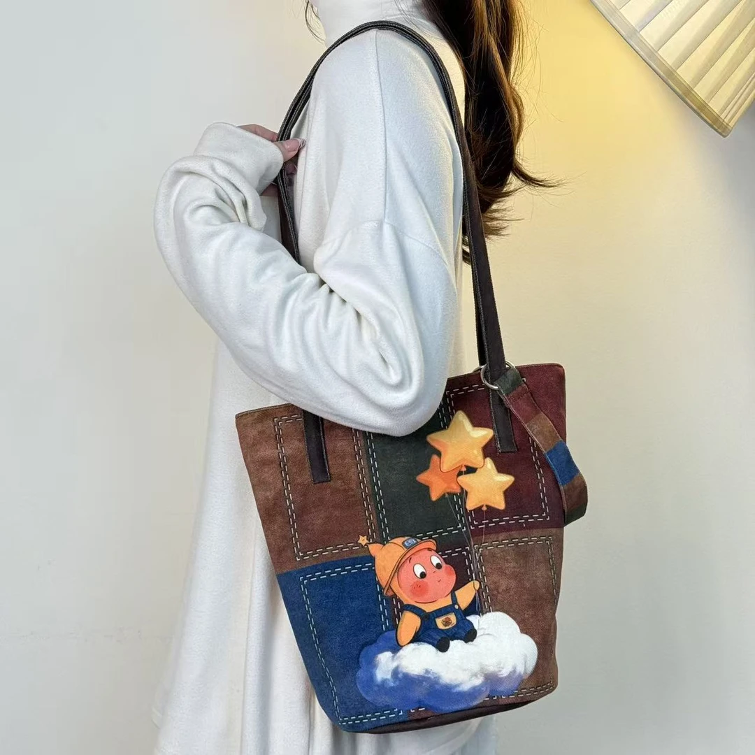 拼布star撞色复古插画百搭单肩包撞色水桶包大容量通勤帆布包新