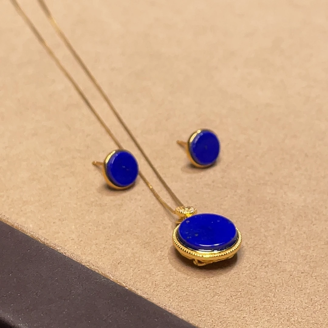 青金石银S925镀金镶嵌耳钉吊坠套装