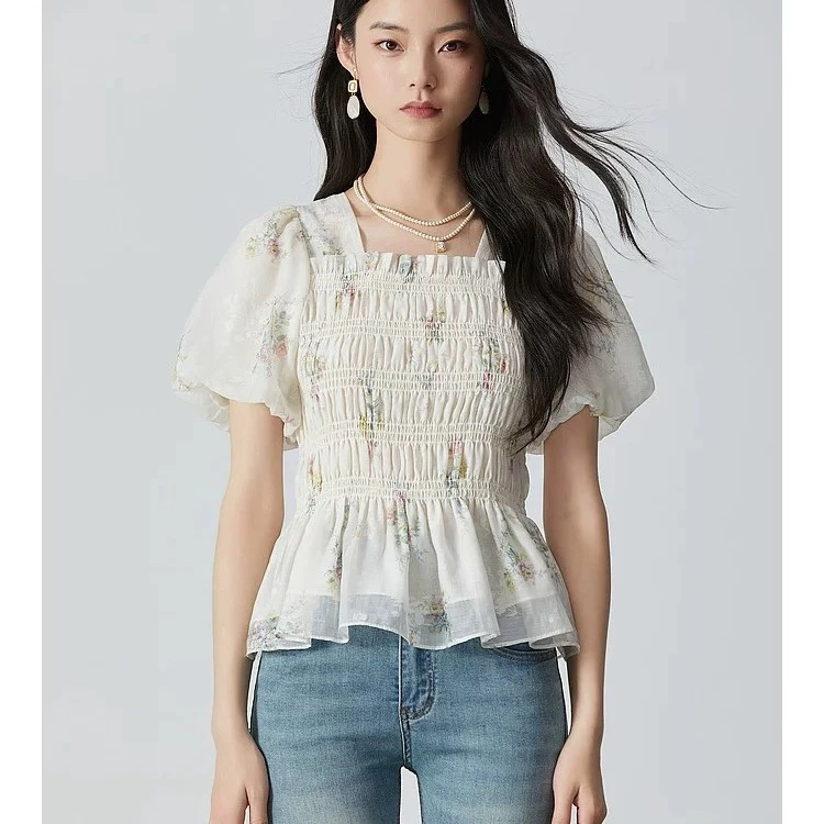 【艾丽莎定制】方领碎花设计显瘦上衣C-211