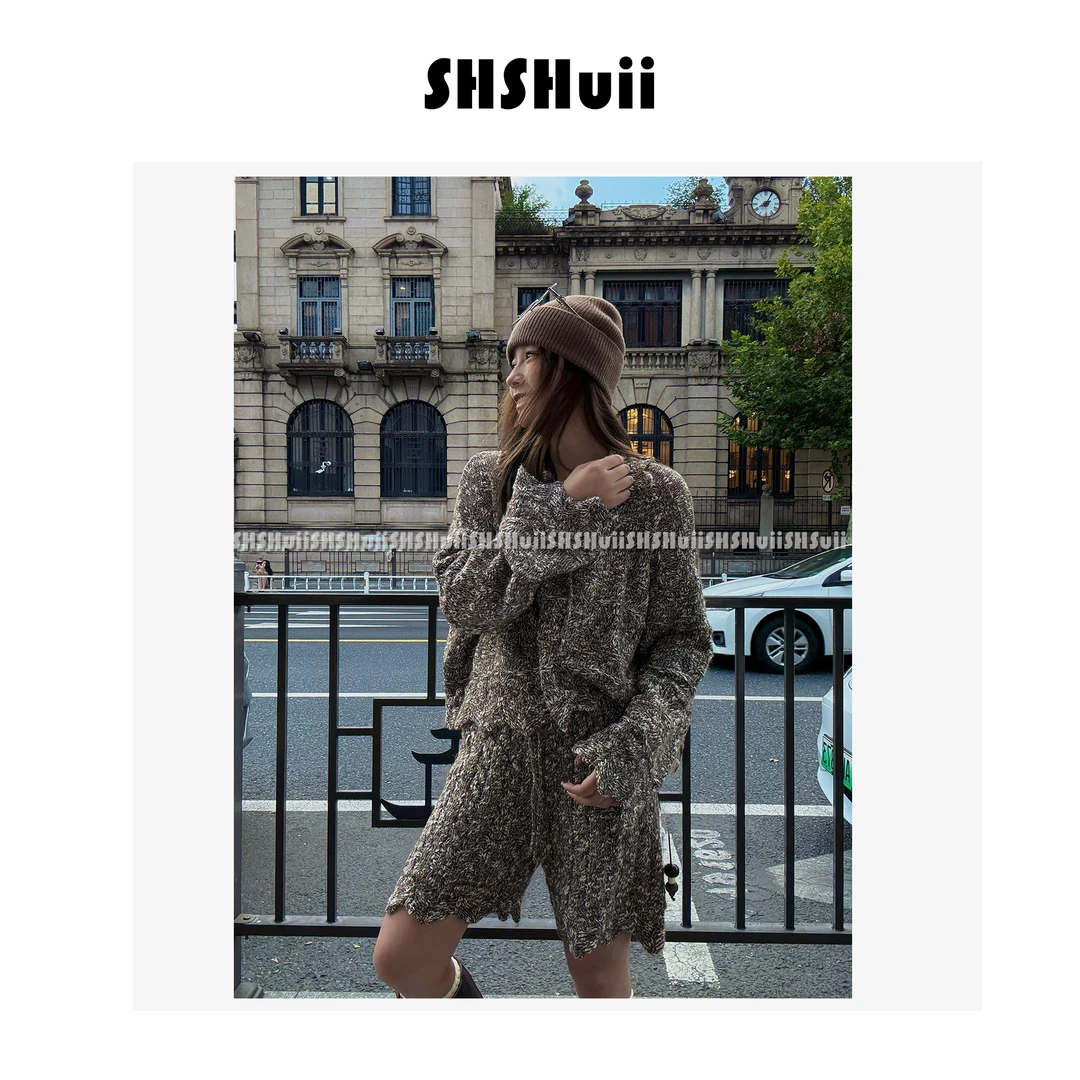 IN.SHuii【瑾咖调】复古V领羊毛混纺毛衣女针织毛衫套装/HGBH