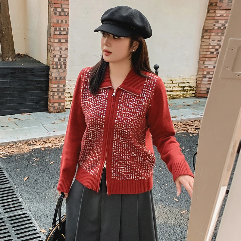 大码翻领长袖外套女设计感珠片上衣2024冬胖mm宽松针织开衫22762