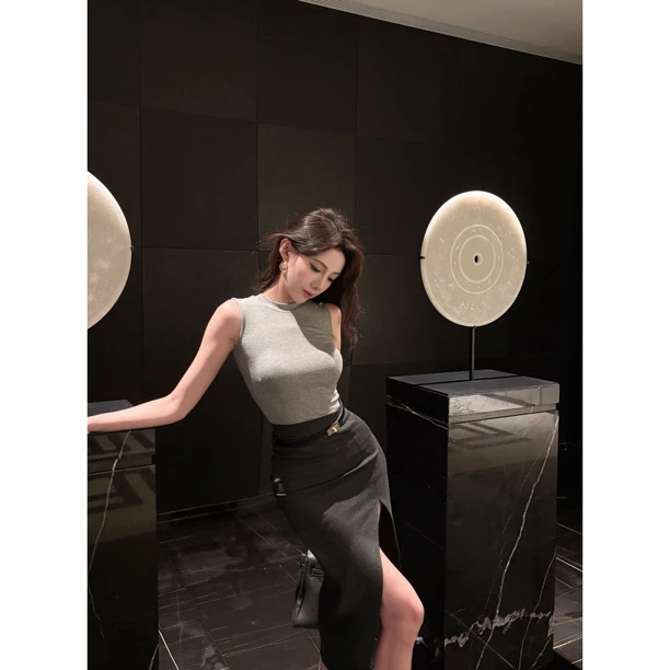 灰色上衣高腰开叉长裙女夏季简约套装6652