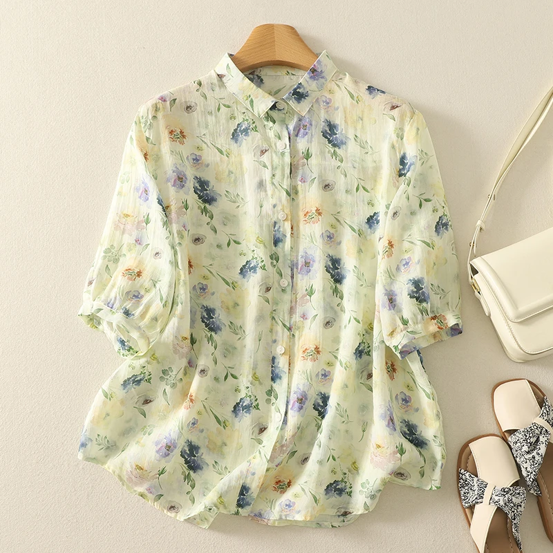夏季花色衬衫女夏季漂亮小衫宽松显瘦复古气质薄款碎花棉麻上衣