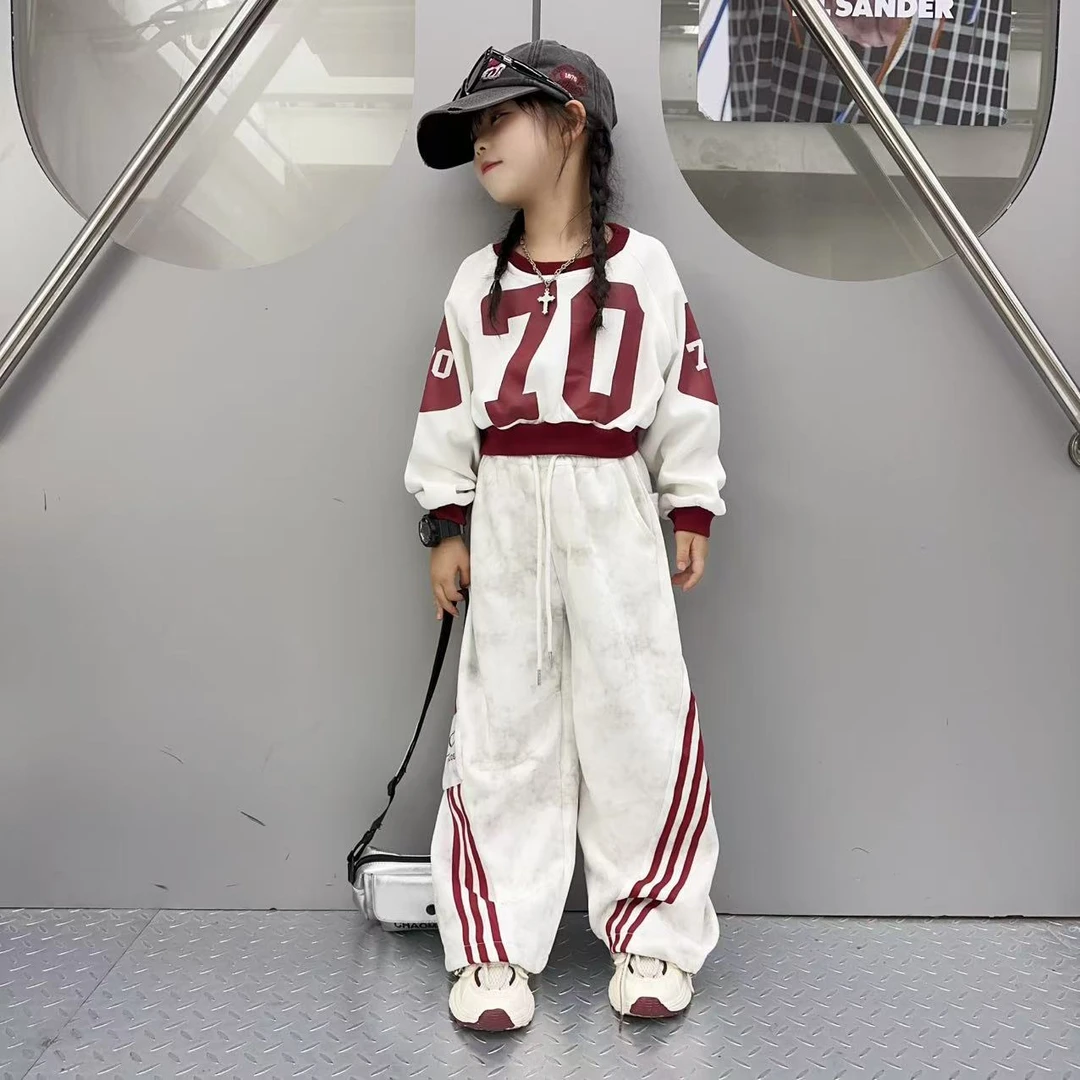 女童2025春秋新款美式拼色数字印花个性街舞休闲运动装宽松套装潮