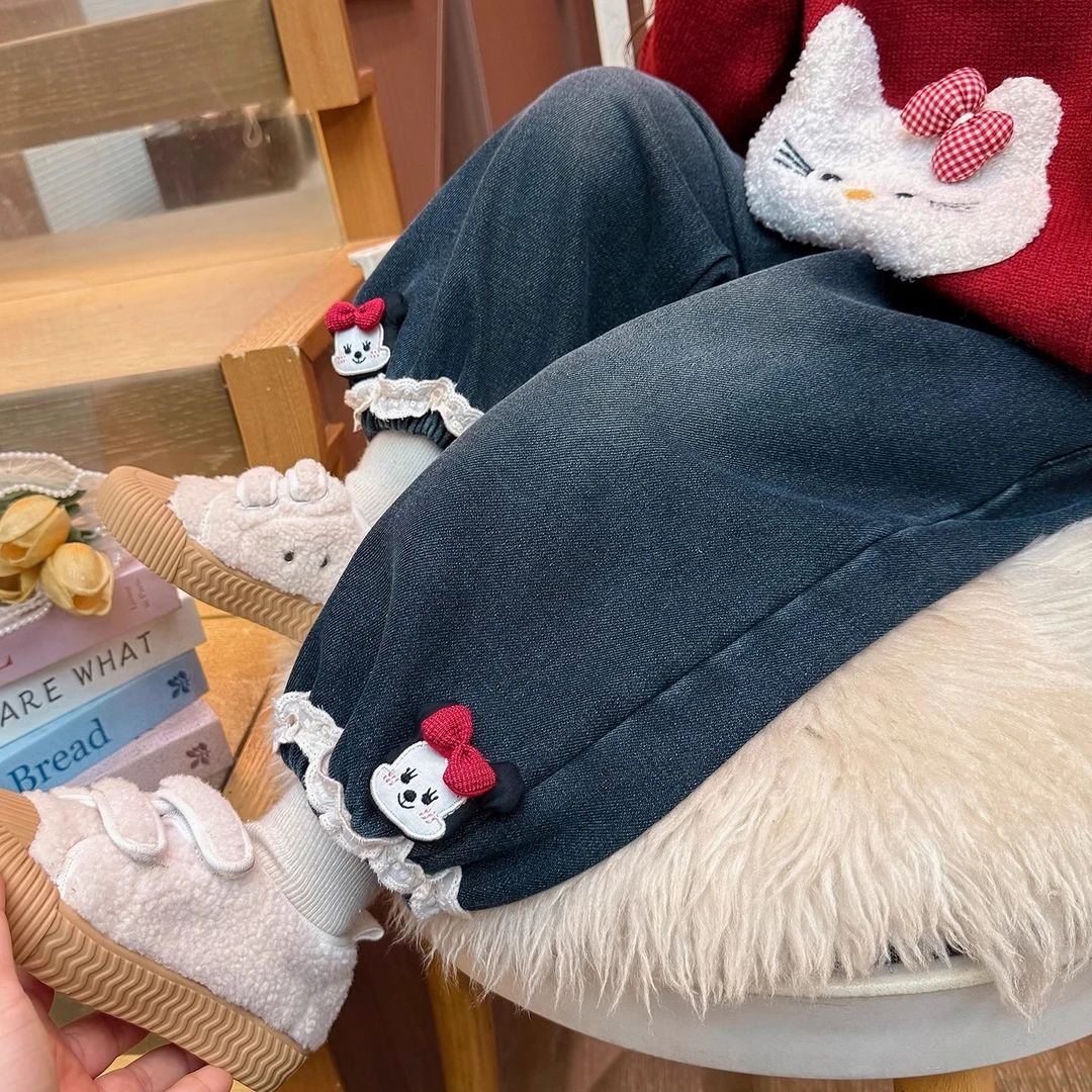 女童加绒牛仔裤秋冬2025新款小女孩冬装休闲长裤儿童加厚保暖裤子