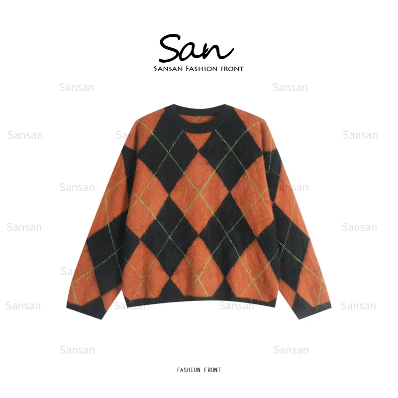【SANSAN】菱格拼色秋冬毛衣女复古保暖套头针织加厚上衣DY-80163