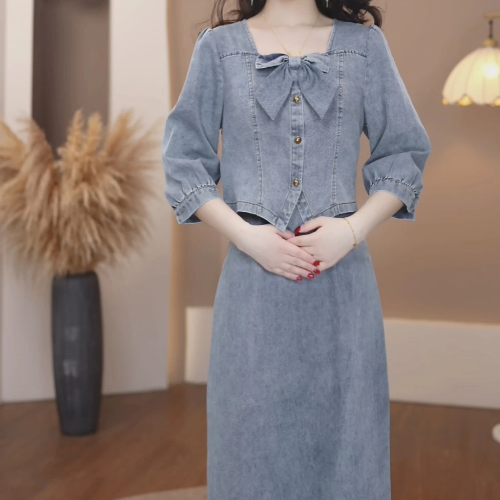 【新款-247】春季牛仔蓝连衣裙优雅气质时尚减龄收腰显瘦