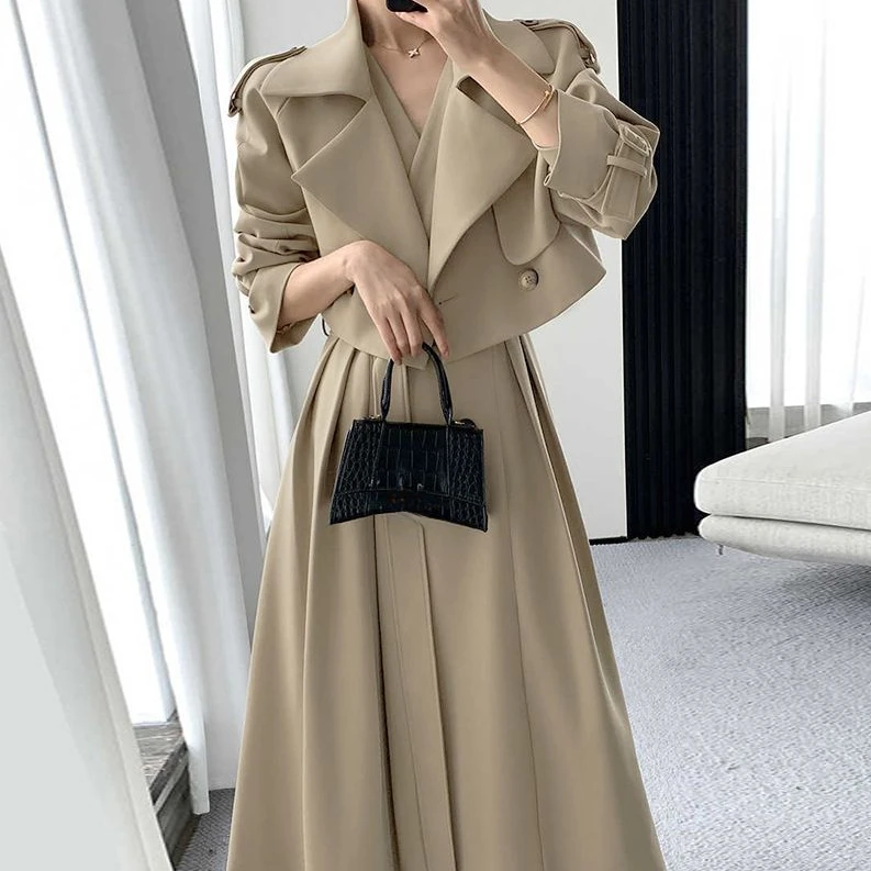 2025春秋季爆款气质风衣短外套+连衣裙高级感收腰显瘦女神两件套