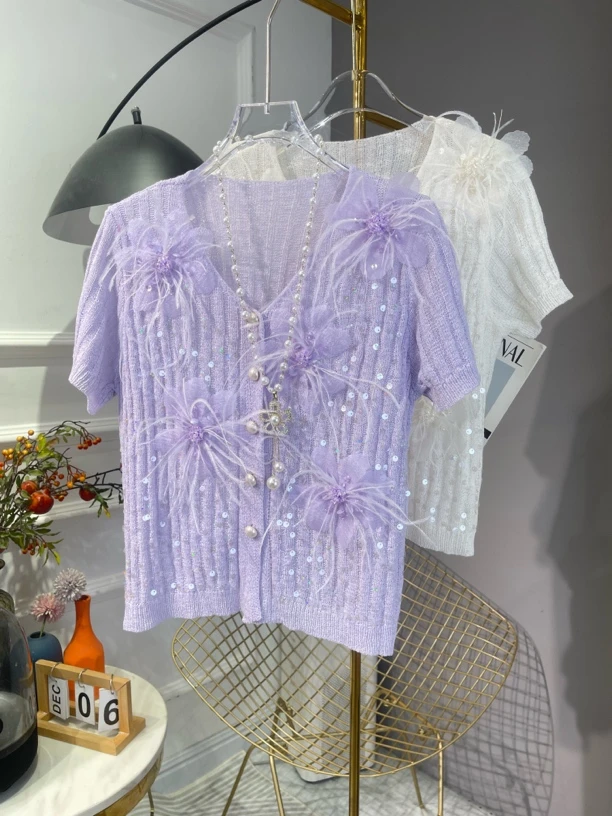 立体花朵羽毛开衫亮片设计感超高级百搭短袖设计师针织上衣V领夏