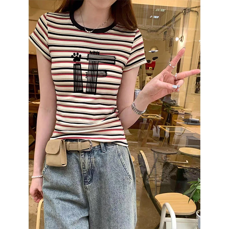 2025夏季领口拼色条纹短袖t恤女时尚百搭休闲减龄外穿上衣打底衫