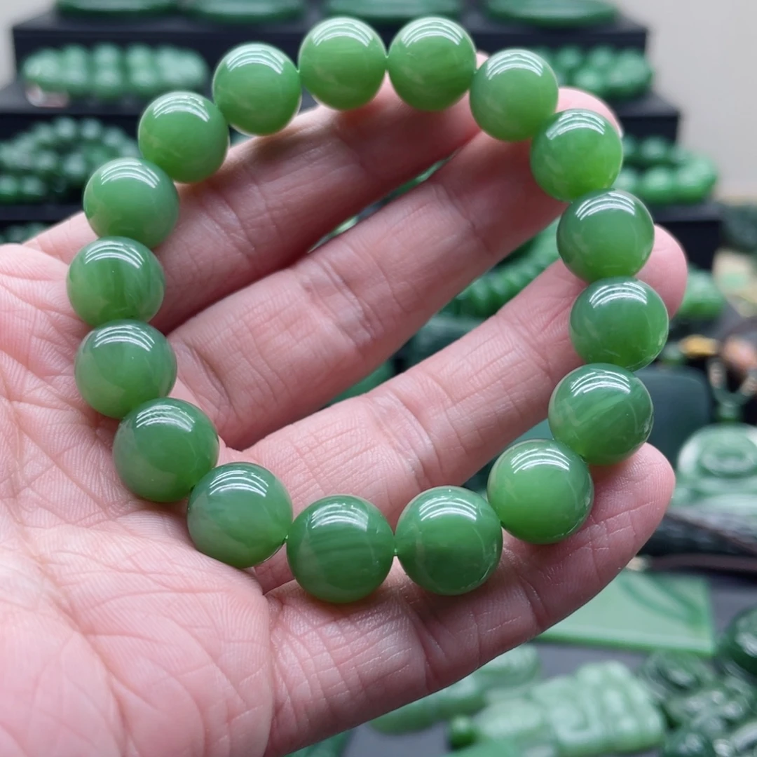 和田玉（碧玉）未镶嵌手链12mm粉绿夹层料