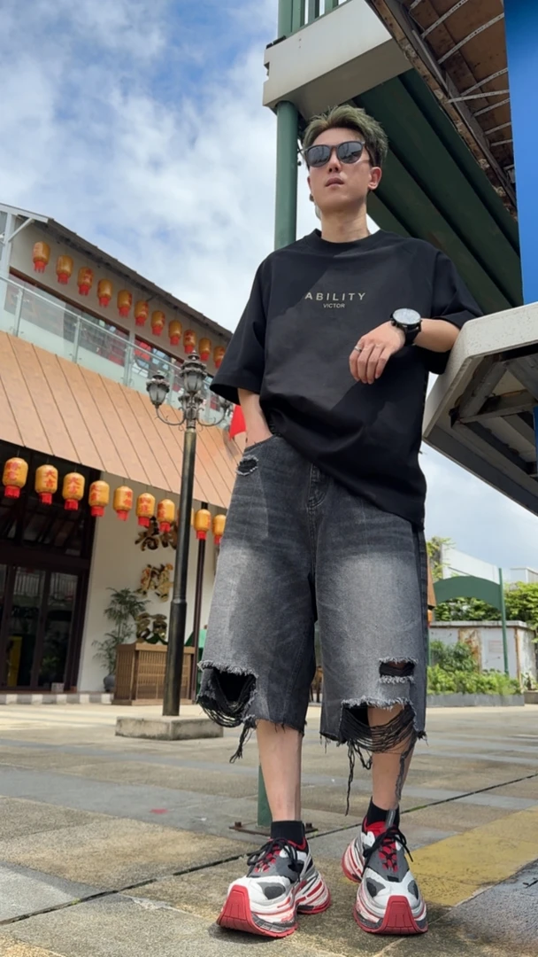 日系复古做旧破洞洗水牛仔松紧短裤男女ins巴家美系百搭宽松国潮