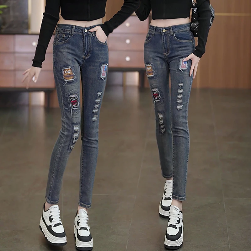 2025年小个子高腰牛仔裤时尚春秋冬季新款显瘦九分裤破洞简约女