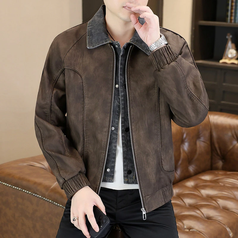 茗睿男装皮衣夹克秋季新款假两件牛仔拼接皮衣男士皮夹克外套