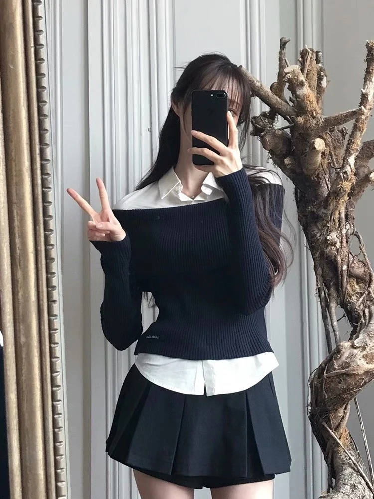 小小仟 假两件拼接衬衫上衣百褶裙套装