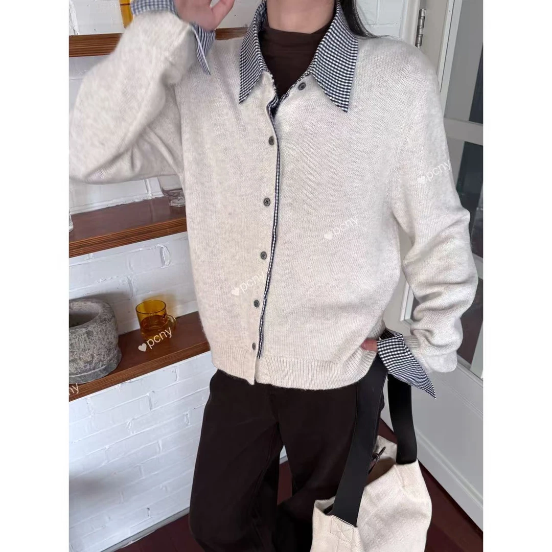 PCNY「拼贴诗稿」不理理秋季新款小众女装时尚格纹翻领针织开衫