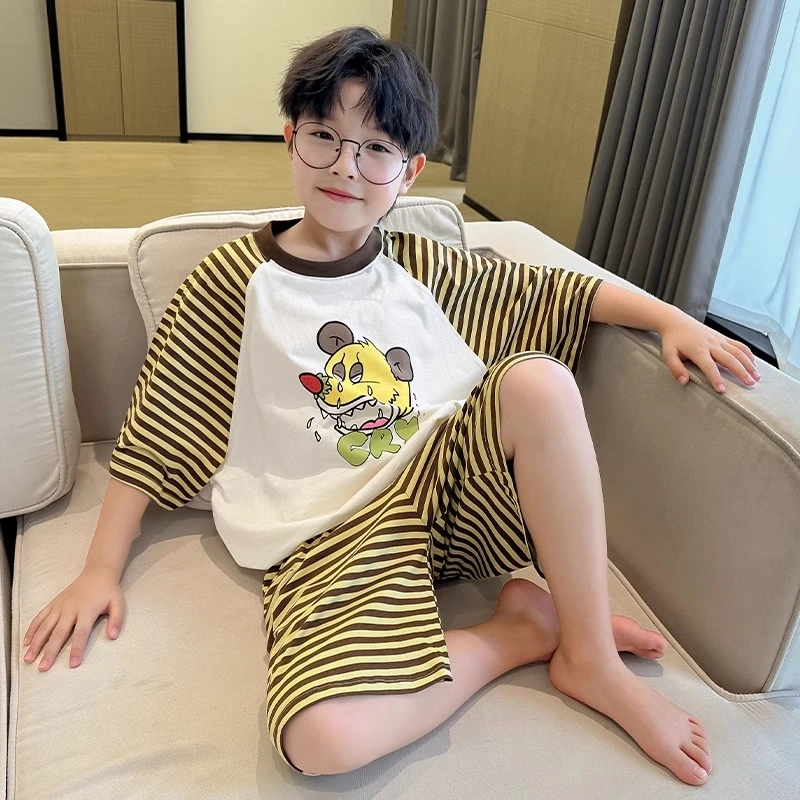男童睡衣套装夏季2025新款中大童纯棉男孩拼接儿童薄款短袖家居服