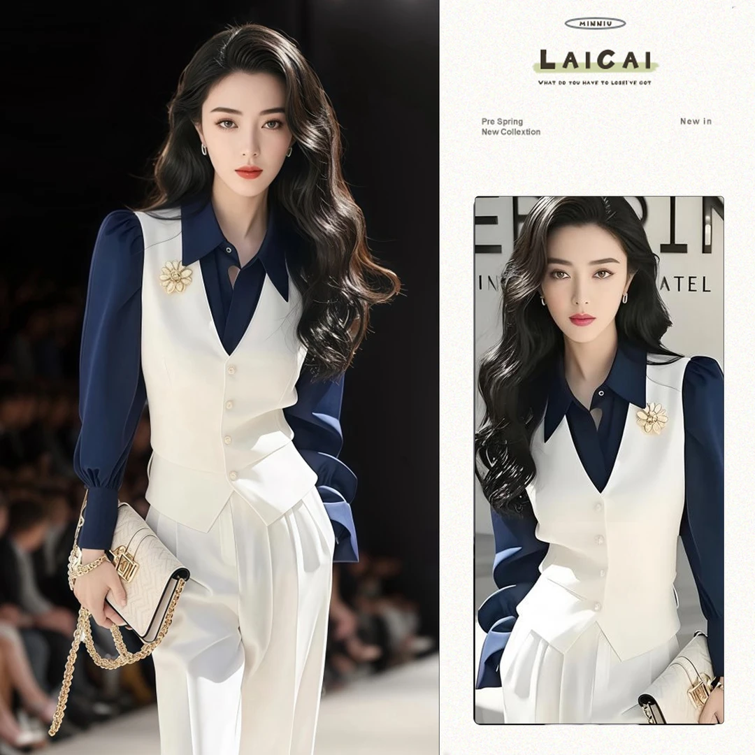 C166+C167春夏洋气高级感御姐气质假两件衬衫西装裤子职业两件套