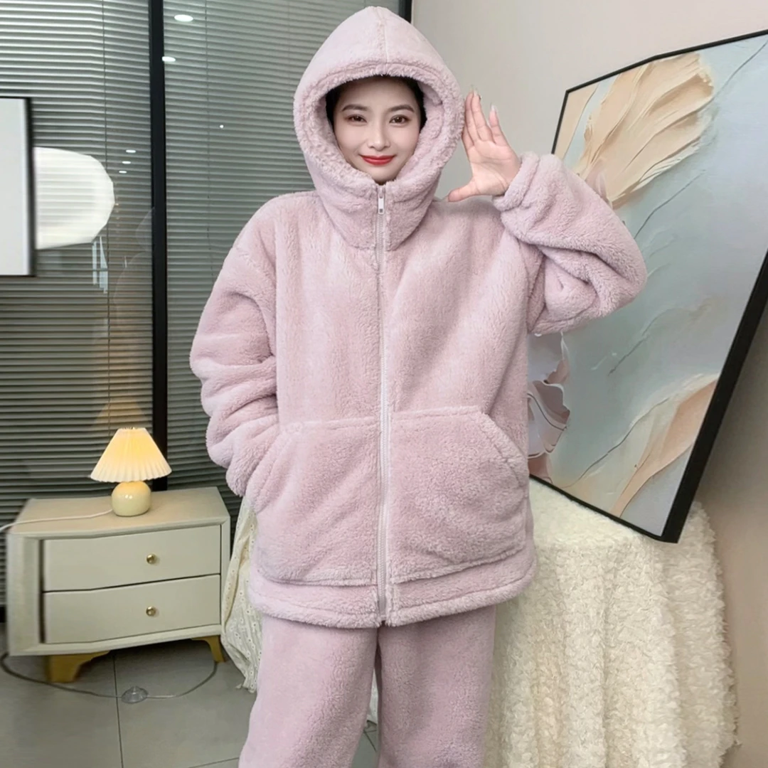 【蓄热保暖】雪花绒连帽女士秋冬可外穿暖绒家居服休闲睡衣两件套
