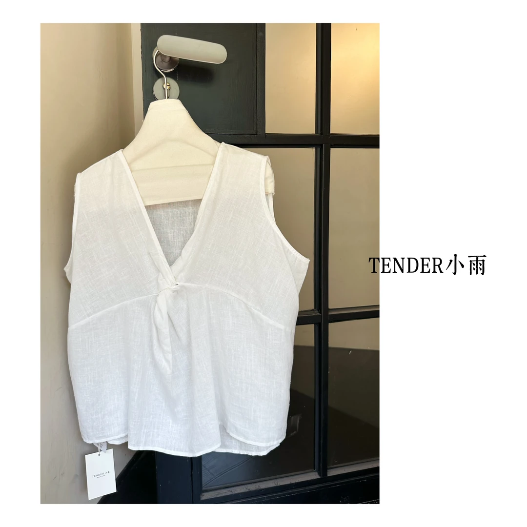 宽松极简高级纽结亚麻背心法式设计感上衣