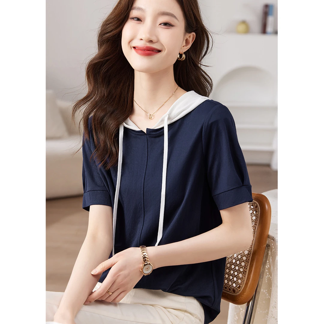 沫晗依美2025夏季新款撞色拼接透气轻薄百搭抽绳连帽休闲短袖T恤