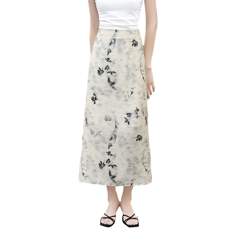 她池2025春装新款女装时尚优雅高腰开叉新中式半身裙T51Z0279B