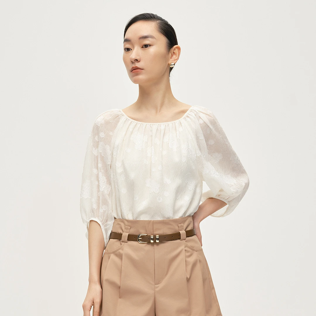 【达人专属】夏季新款衬衫女甜美风格泡泡袖圆领上衣