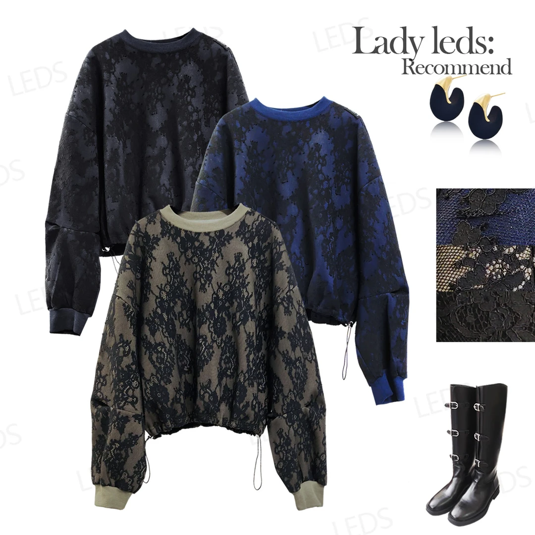 LEDS 7760冬季新款时尚复古蕾丝圆领三色卫衣