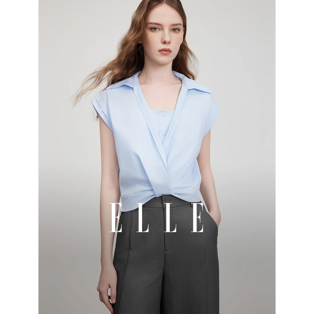 ELLE法式假两件吊带收腰飞袖小衫女2025夏季新款通勤上衣EM51416