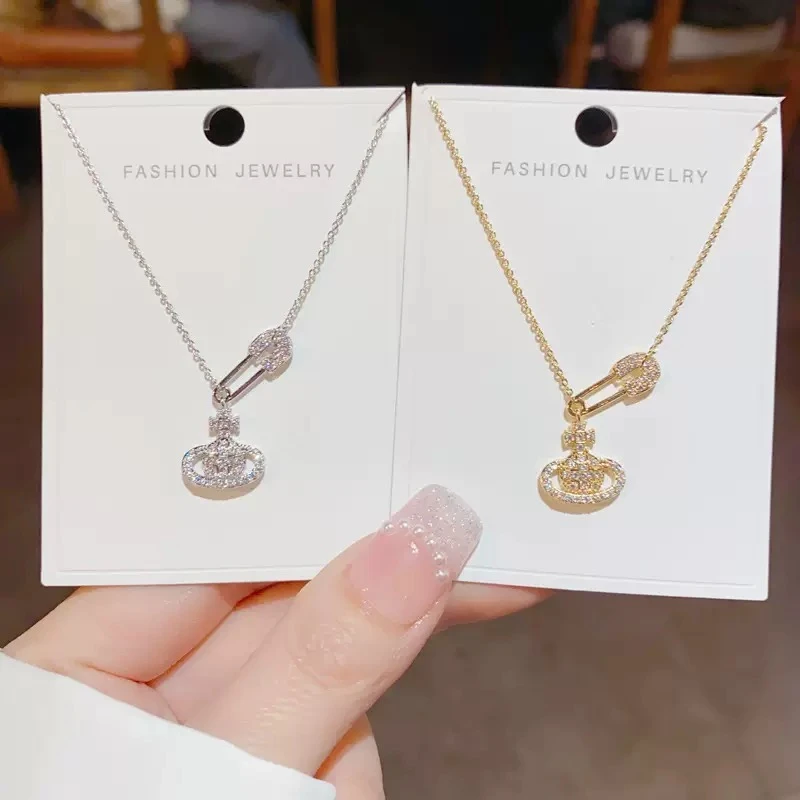 铜合金项链 满钻土星回形针星球项链轻奢高级感叠戴锁骨链