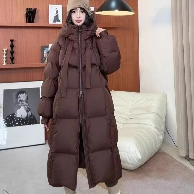 2024新款加厚飘带棉服女长款过膝棉衣韩版宽松冬季棉袄外套
