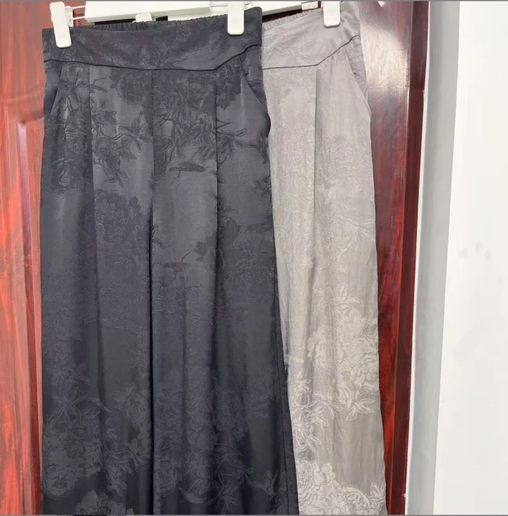 【专柜正品】高腰直筒长裤女提花百搭休闲裤显瘦中国风春夏新款319