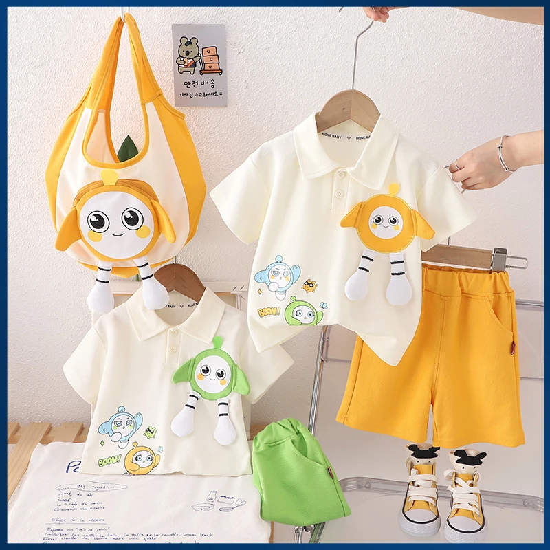 男童夏装短袖套装2025新款帅气宝宝夏季衣服小童卡通翻领两件套潮