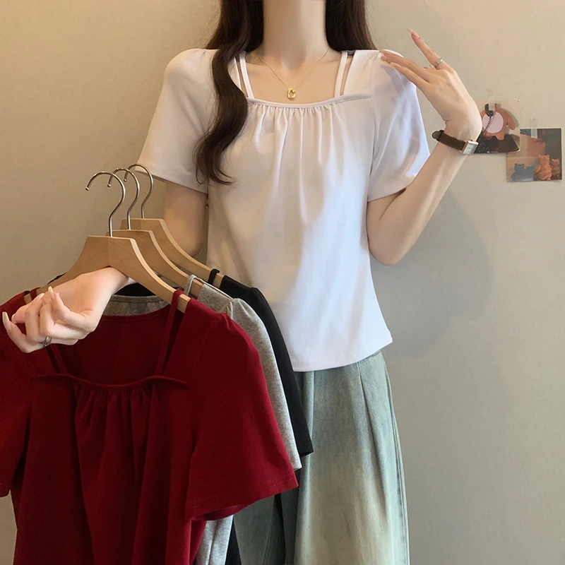 2025夏季新款大码胖mm方领褶皱短袖t恤女时尚洋气设计感显瘦上衣