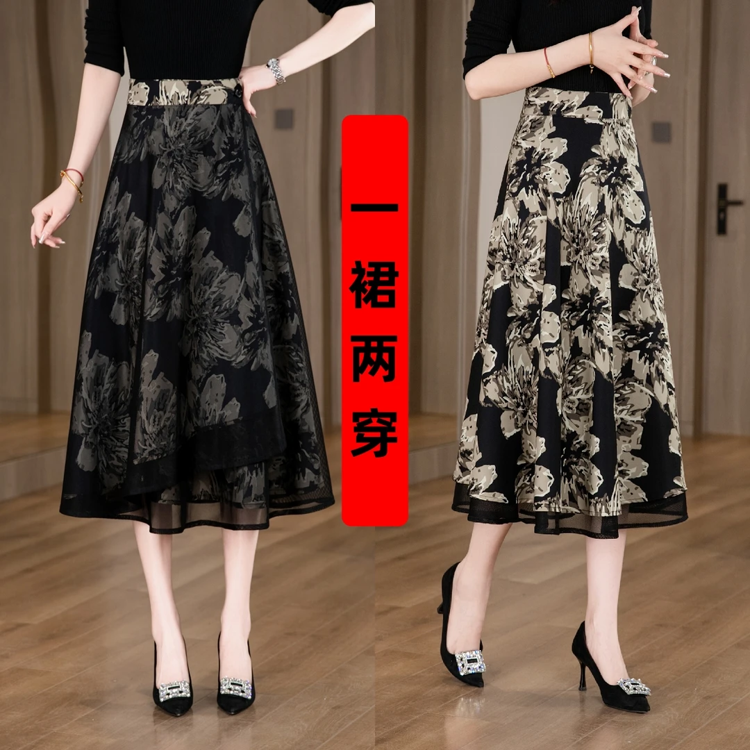 夏季中长款半身裙子薄款中年大花裙一片裙高腰显瘦时尚2025新款