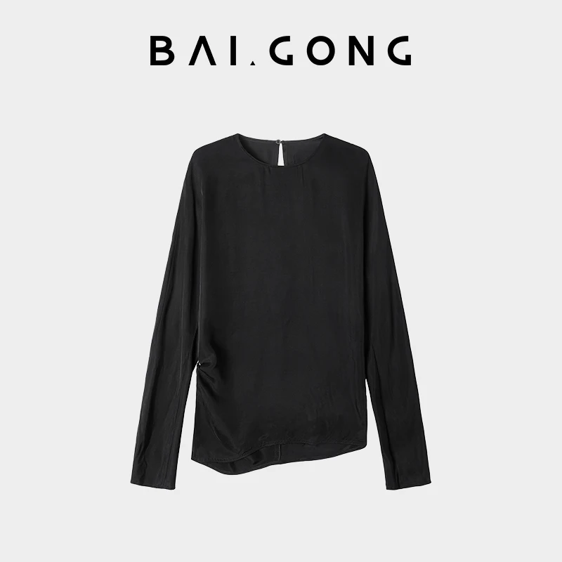 白弓BAIGONG/2025新款铜氨丝垂顺收褶漏背圆领长袖T恤衫52786X