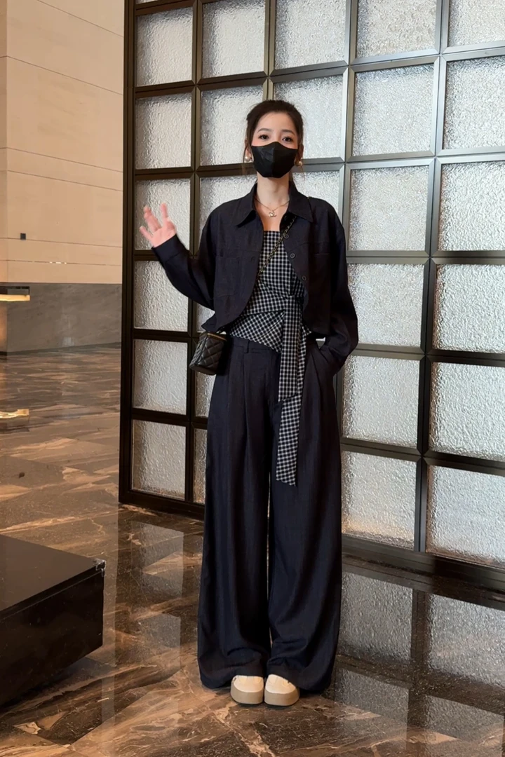 早秋外套格子绑带配高腰阔腿裤韩系显瘦气质休闲风时尚三件套